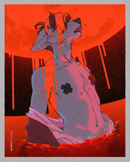 anthro black_background brown_hair clothed clothing fur grey_body grey_fur hair inner_ear_fluff liquid male moon nipple_tape open_mouth partially_clothed partially_submerged pasties red_moon red_water simple_background solo tape topless tuft vitiligo water andre_moraph andre_moraph_(character) canid canine canis mammal wolf 2026 4:5 absurd_res digital_drawing_(artwork) digital_media_(artwork) film_grain hi_res restricted_palette signature