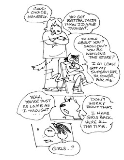 anthro bangs bodily_fluids bottomwear cartoon_freckles clothing collar dialogue dreadlocks duo eyebrows eyewear female floppy_ears footwear freckled_face freckles glasses grin hair half-closed_eyes hoodie narrowed_eyes open_mouth pants pointy_ears prick_ears shirt shoes shorts simple_background smile snout speech_bubble sweat sweatdrop tail tail_tuft text thought_bubble toony topwear tuft white_background gaydottiff penny_(gaydottiff) shelley_(gaydottiff) canid canine canis domestic_cat domestic_dog felid feline felis mammal 2023 black_and_white comic english_text hi_res monochrome trans_(lore) trans_woman_(lore)