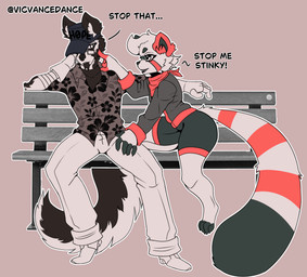 aloha_shirt anthro bench bottomwear clothed clothing duo eyewear female fur fur_markings glasses gloves handwear hat headgear headwear jacket male male/female markings outline park_bench pattern_clothing pattern_shirt pattern_topwear scarf shirt shorts text topwear vicvance v_(vicvance) ailurid canid canine canis domestic_dog husky mammal nordic_sled_dog red_panda spitz digital_drawing_(artwork) digital_media_(artwork) english_text hi_res