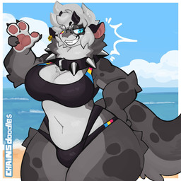 4_fingers anthro beach big_breasts bikini black_bikini black_claws black_clothing black_horn black_swimwear blue_eyes breasts bulge claws clothing collar day detailed_background eyewear fingers fur gesture glasses grey_body grey_fur grey_hair gynomorph hair hand_gesture horn intersex lgbt_pride looking_away markings navel pansexual_pride_colors pride_colors round_glasses sand sea short_hair sky smile solo spiked_collar spikes spots spotted_body spotted_fur swimwear tail teeth two-piece_swimsuit v_sign water wearing_glasses wide_hips chainsdoodles unknown_species 1:1 2026 colored digital_drawing_(artwork) digital_media_(artwork) hi_res shaded