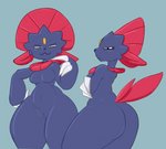 anthro barely_visible_genitalia breasts butt female genitals looking_at_viewer multiple_angles pussy simple_background solo onetiredbear nintendo pokemon generation_4_pokemon pokemon_(species) weavile