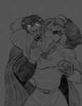 anthro biceps blood bodily_fluids cape clothing duo glowing glowing_eyes male muscular shirt topwear sudonym felid lion mammal pantherine vampire monochrome