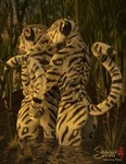 anthro bamboo duo female female/female licking open_mouth partially_submerged raised_tail rear_view standing tail tongue water sherwood felid mammal pantherine tiger 2023 3d_(artwork) digital_media_(artwork) hi_res