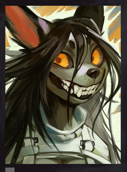 anthro black_hair black_nose breasts clothed clothed_female clothing fangs female grin hair looking_at_viewer orange_eyes smile solo teeth swiwwel mir_(swiwwel) canid canine mammal 2025 absurd_res digital_media_(artwork) hi_res