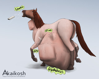 ambiguous_gender belly big_belly brown_ears brown_hair brown_tail burping burping_up_object feral feral_pred hair horse_tail huge_belly hyper hyper_belly object_vore open_mouth simple_background solo tail vore white_background white_body akaikosh equid equine horse mammal 2026 5:4 watermark
