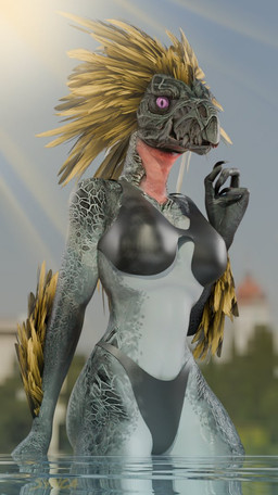 3_fingers anthro arm_feathers arm_tuft avian_caruncle beak bikini breasts claws clothing feather_hair feathered_crest feathers female finger_claws fingers grey_body head_crest light looking_at_viewer looking_back looking_back_at_viewer low-angle_view non-mammal_breasts outside partially_submerged pink_eyes pseudo_hair pupils scales sharp_teeth slit_pupils solo standing sunlight swimwear teeth tuft two-piece_swimsuit water yellow_body yellow_feathers synca pickle_juice_(modeler) halo_(series) microsoft xbox_game_studios syn_cah alien avian kig-yar scalie t'vaoan 3d_(artwork) colored digital_media_(artwork)