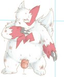 anthro balls bodily_fluids chubby_cheeks claws cum ejaculation fur genital_fluids genitals looking_away male markings multicolored_body overweight overweight_male penis red_body red_fur simple_background solo tail white_body white_fur wiping_mouth rampie nintendo pokemon generation_3_pokemon mammal pokemon_(species) zangoose 5:6 hi_res