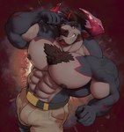 abs anthro belt body_hair brown_hair chest_hair dark_nipples facial_hair fur goatee hair horn male muscular muscular_arms muscular_male navel nipples pecs red_hair shirtless sideburns smile solo tan_body tan_fur ripped-saurian lifewonders live_a_hero obsidius bovid bovine cattle mammal hi_res