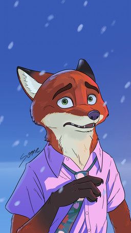 accessory anthro clothing floral_pattern fur green_eyes imminent_attack male necktie orange_body orange_fur pink_clothing pink_shirt pink_topwear pointy_ears scared scared_eyes scared_of_death shirt snow solo topwear some_(someone) disney zootopia nick_wilde canid canine fox mammal red_fox true_fox hi_res