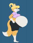 animated anthro anthro_pred belly big_belly black_nose blonde_hair blush bottomwear breasts canid canine clothed clothing digestion digital_media_(artwork) female female_pred fox hair hoodah jen_(scottc) mammal pixel_(artwork) pixel_animation shirt short_playtime shorts smile solo standing topwear vore
