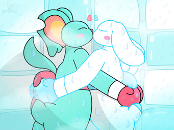 anthro bathing big_butt blush blush_lines boxing_gloves butt clothing duo eyes_closed handwear heart_symbol hug kissing male male/male shower shower_room showering water waterdrops thefreshsig cinnamoroll kirby_(series) kirby_and_the_forgotten_land nintendo sanrio cinnamon_(cinnamoroll) elfilin canid canine canis chinchilla chinchillid domestic_dog mammal rodent 4:3 absurd_res alternate_version_at_source hi_res