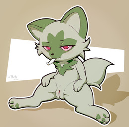cheek_tuft cigarette drugs facial_tuft female feral genitals green_body marijuana neck_tuft paws red_eyes smoking solo tuft vulva biskydraws conditional_dnp nintendo pokemon weed_cat_(meme) felid generation_9_pokemon mammal pokemon_(species) sprigatito hi_res