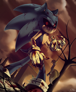 2_tails anthro blood bodily_fluids clothing corpse creepy death demonic duo evil_grin footwear gloves glowing glowing_eyes handwear hanged horror_(theme) looking_at_viewer male multi_tail nightmare_fuel plant red_eyes ring shoes smile solo_focus tail torn_clothing tree friizer creepypasta sega sonic.exe_(creepypasta) sonic_the_hedgehog_(series) miles_prower sonic.exe canid canine eulipotyphlan fox hedgehog mammal 5:6