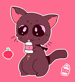 :3 anthro big_eyes black_body black_fur chibi cross food fruit fur ketchup liquid male plant slightly_chubby strawberry whiskers wings bandidou nyanpire nyanpire_(character) domestic_cat felid feline felis mammal vampire