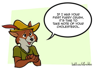 anthro cheek_tuft clothing dialogue facial_tuft fur hat hat_feather headgear headwear humor loose_feather male open_mouth open_smile orange_body orange_fur public_service_announcement simple_background smile solo speech_bubble text tuft wearing_hat white_body white_fur wide_eyed freckles_(artist) disney robin_hood_(disney) robin_hood canid canine fox mammal english_text