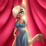 1:1 anthro breasts cleavage clothed clothing curtains dress female hair hi_res mammal markings mole_(marking) mustelid musteline nivarra solo stoat true_musteline weasel