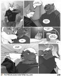 2020 4:5 anthro anthro_on_anthro badger blush candle canid canine carl_(misterstallion) chair clothed clothing comic cutlery date dialogue duo english_text fork fox fully_clothed fur furniture glass greyscale heart_symbol hi_res honey_badger kissing kitchen_utensils male male/male mammal misterstallion monochrome muscular mustelid musteline open_mouth open_smile patreon patreon_logo plate romantic romantic_ambiance shirt smile speech_bubble surprise t-shirt table text tools topwear url william_(misterstallion)