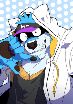 black_clothing black_nails black_nose blue_body blue_fur body_hair chest_hair clothed clothing colored_nails fur grin hat headgear headwear jacket male nails nipples pawpads shirt simple_background smile solo split_form tank_top topwear white_body white_clothing white_fur monapic_chang subaru_(monapic_chang) animal_humanoid canid canine canis domestic_dog humanoid mammal 2023 absurd_res hi_res portrait