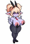 areola areola_slip big_areola big_breasts blonde_hair breasts bunny_costume clothing costume fake_ears fake_rabbit_ears female gesture hair hand_gesture huge_breasts humanoid humanoid_pointy_ears league_of_legends legwear marshort nipple_outline nipples not_furry pigtails poppy_(lol) riot_games short_stack solo stockings tencent thick_thighs v_sign wide_hips yordle