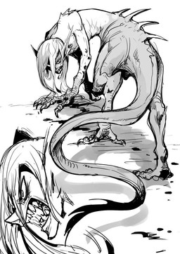 ambiguous_gender back_spines claws fangs feral finger_claws furrowed_eyebrows hair long_ears long_hair looking_aside looking_at_viewer open_mouth pointy_ears quadruped rear_view simple_background solo spiked_tail spikes spikes_(anatomy) spines standing tail teeth white_background chiayeeee animal_humanoid humanoid monster 2018 digital_drawing_(artwork) digital_media_(artwork) full-length_portrait greyscale headshot_portrait monochrome portrait