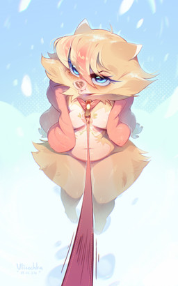 ahoge anthro bangs belly blue_eyes blush bottomless breasts cheek_tuft clothed clothing collar eyelashes facial_tuft female fluffy_hips fur hair jacket leash leash_pull leashed_collar leashing_viewer long_eyelashes looking_at_viewer medium_breasts navel open_clothing open_jacket open_topwear pink_leash shirtless simple_background snow solo standing topwear tuft wide_hips yellow_body yellow_fur ulitochka canid canine canis domestic_dog mammal 2024 absurd_res colored_sketch hi_res shaded sketch