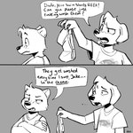 anthro blush blush_lines clothing crossed_arms dialogue disgust duo embarrassed male male/male profanity shirt shocked smelly sniffing sniffing_clothes speech_bubble swimming_trunks swimwear tank_top text tongue tongue_out topwear two_panel_image underwear underwear_sniffing arloatdusk mangohyena jake_(mangohyena) seb_(mangohyena) bird_dog canid canine canis domestic_dog golden_retriever hunting_dog mammal mustelid otter retriever 1:1 black_and_white comic english_text hi_res monochrome