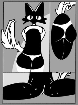 anthro bodily_fluids butt butt_shot cheek_tuft clothing expressionless facial_tuft female genitals legwear looking_at_viewer stockings sweat tail tuft vulva blackjackissers comic hi_res monochrome
