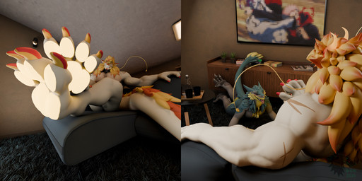 anthro blush blush_lines duo electronics eye_contact fangs feet foot_focus fur furniture green_body green_fur grey_body grey_fur horn inside kneeling looking_at_another looking_at_paws lying male male/male multi_view on_front open_mouth orange_body orange_fur pawpads paws red_eyes rug scales sitting size_difference smile sofa tan_body tan_fur tan_scales teeth television tongue tongue_out whiskers yellow_body yellow_eyes yellow_fur bromsergal zairiza_(modeler) zawnboi_(modeler) mythology brom_(sahurus) ren_(fir3dragon0113) dragon eastern_dragon mythological_creature mythological_scalie scalie sergal 2:1 3d_(artwork) absurd_res blender_(artwork) blender_cycles_(artwork) digital_media_(artwork) hi_res