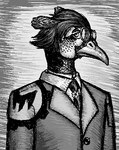 anthro avian bird bust_portrait clothing collared_shirt common_pheasant digital_media_(artwork) eyewear feathers galliform glasses hair industrial low_res lundqvist_enterprises makaronnie male monochrome necktie phasianid phasianus pixel_(artwork) portrait shaded solo teodor_haroldsson uniform