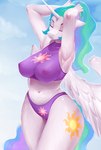 anthro areola bikini bikini_bottom bikini_top breasts clothing cutie_mark eyebrows eyes_closed female genitals hair horn multicolored_hair navel nipples pussy solo swimwear translucent translucent_clothing two-piece_swimsuit white_body wings evlass friendship_is_magic hasbro my_little_pony mythology princess_celestia_(mlp) equid equine horse mammal mythological_creature mythological_equine pony winged_unicorn absurd_res hi_res