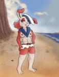 abs anthro beach blush breasts clothing dunewulff female generation_3_pokemon genitals hat headgear headwear hi_res looking_at_viewer nintendo nipples pokemon pokemon_(species) pussy seaside solo spinda tattoo