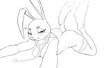 anthro bedroom_eyes biped breasts buckteeth butt chain chain_around_leg chain_collar chain_leash collar eyebrows eyelashes feet feet_up female freckled_face freckles front_view fur half-closed_eyes heart_symbol leash leashed_collar long_ears looking_at_viewer lying medium_breasts motuh_open narrowed_eyes nude nude_anthro nude_female on_front plantigrade scut_tail seductive short_tail snout solo surgical_suture tail teeth thick_eyebrows whiskers hush_button ghost_master possessive_au harriet_(ghost_master) harriet_(possessive) ghost lagomorph leporid mammal patchwork_creature rabbit spirit black_and_white hi_res monochrome