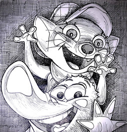 anthro clothing duo female fingerpads geometric_background grid_background hat headgear headwear male open_mouth pattern_background pawpads scarf simple_background smile whiskers stefan_fjeldmark platy_and_puss platy_(platy_and_puss) puss_(platy_and_puss) domestic_cat felid feline felis mammal monotreme platypus hi_res traditional_media_(artwork)