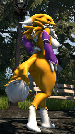 3_fingers 3_toes anthro armwear bench big_butt black_body black_scales blue_eyes breasts butt clothing day digitigrade elbow_gloves eyebrows featureless_breasts feet female fingers flower fluffy fluffy_chest fluffy_tail fur gloves grass handwear multicolored_body multicolored_fur outside park park_bench plant rock scales shrub solo street_lamp tail thick_thighs toes tree walking white_body white_fur wide_hips yellow_body yellow_fur thevestige warfaremachine_(modeler) bandai_namco digimon warfare_renamon digimon_(species) renamon 3d_(artwork) 9:16 digital_media_(artwork) hi_res source_filmmaker_(artwork)