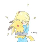 blonde_hair clothing duo eyes_closed female hair hug light_body light_skin long_hair ponytail semi-anthro smile yellow_body zero_suit achillexmouly metroid nintendo pokemon samus_aran generation_1_pokemon human mammal pikachu pokemon_(species) 1:1 crossover signature