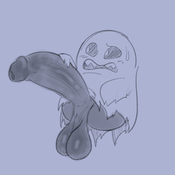 balls big_penis black_balls black_body black_penis black_sclera bodily_fluids clothing embarrassed erection foreskin genitals huge_penis humanoid_genitalia humanoid_penis hyper hyper_genitalia hyper_penis legless long_penis looking_aside male not_furry penis saggy_balls small_but_hung solo sweat torn_clothing white_body kiffy_(artist) bandai_namco digimon bakemon digimon_(species) ghost spirit 1:1 black_and_blue monochrome sketch