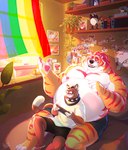 action_figure anthro bed bedroom belly big_belly book bottomwear breeze brown_body brown_fur cactus chest_markings clothing collar cuddling curtains day duo eye_contact eyebrows flag flag_on_wall fur furniture gaming hair lgbt_pride looking_at_another male male/male markings moobs muscular muscular_anthro muscular_male nipples open_window orange_body orange_fur overweight overweight_anthro overweight_male pawpads photo plant playing_video_game pride_color_flag pride_colors rainbow_flag rainbow_pride_colors rainbow_pride_flag rainbow_symbol raised_eyebrow raised_hand red_hair red_nipples red_stripes shelf shirt shorts six-stripe_rainbow_pride_colors size_difference smaller_male smile stripes tail topwear wall_(structure) white_body white_fur white_hair window soul_nero nintendo nintendo_switch lemito tora_(soul_nero) bear cougar felid feline hybrid mammal pantherine tiger absurd_res hi_res