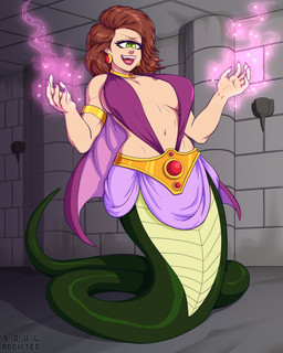 5_fingers apode breasts brown_hair clothed clothing colored_nails ear_piercing eyelashes female fingers green_eyes hair legless lipstick magic makeup nails navel open_mouth piercing pupils purple_lipstick serpentine slit_pupils solo split_form souladdicted cyclops draconcopode lamia reptile scalie snake 2020 4:5 absurd_res digital_media_(artwork) hi_res