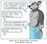 alaskan_malamute blue_eyes canid canine canis clothed clothing colrblnd comic dialogue domestic_dog duzt english_text hair male mammal measureup nordic_sled_dog solo speech_bubble spitz text topless towel walter_moss white_hair