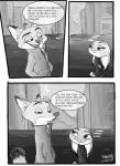 anthro clothed clothing duo female green_eyes group half-closed_eyes male narrowed_eyes purple_eyes text frava8 brooklyn_nine-nine disney zootopia judy_hopps nick_wilde canid canine fox lagomorph leporid mammal rabbit red_fox true_fox 2017 absurd_res black_and_white comic english_text hi_res monochrome