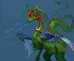 anthro blue_background breasts crotch_breasts crown digitigrade feathered_wings feathers female female_anthro fur green_body hair head_wings headgear horn long_neck long_tail orange_hair sad semi-anthro simple_background smoke smoke_from_nose solo standing tail unusual_wing_placement upset wings worm_(artist) mythology dragon furred_dragon furred_scalie mythological_creature mythological_scalie scalie busty_boy_(lore) male_(lore)