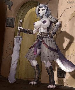 5_fingers abs anthro areola armor balls big_breasts black_body breasts fingers foreskin fur genitals grey_areola grey_nipples gynomorph humanoid_genitalia humanoid_penis intersex melee_weapon multicolored_body multicolored_fur muscular muscular_gynomorph muscular_intersex nipples penis piercing pubes red_sclera samurai solo sword tail tall two_tone_body two_tone_fur vein veiny_penis warrior weapon white_body white_fur mansilite hellaverse helluva_boss kenshi mythology loona_(helluva_boss) canid canid_demon canine demon hellhound mammal mythological_canine mythological_creature hi_res