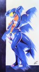 anthro blue_body blue_skin breasts claws covering covering_crotch eyelashes featureless_breasts female looking_at_viewer open_mouth solo spikes spikes_(anatomy) tail yellow_eyes 025aki nintendo pokemon garchomp generation_4_pokemon pokemon_(species) 2025 absurd_res dated hi_res signature