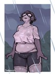 anthro areola biped border bottomwear breasts clothing detailed_background eyewear female fingers glasses grey_body hair looking_up nipple_outline nipples open_mouth raining shorts solo standing wet wet_clothing white_border theelgenerate kara_(theelgenerate) mammal procyonid raccoon hi_res