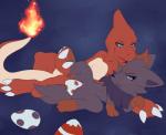 black_body black_fur blue_eyes blush canid canine charmeleon clitoris duo egg feet female feral fire flaming_tail foot_grab fur generation_1_pokemon generation_5_pokemon genitals hindpaw male mammal meraence nintendo orange_body orange_skin oviposition paws pokemon pokemon_(species) pussy red_body red_scales scales smile tail teats zorua