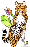 anthro belly bird_of_paradise_(flower) breasts brown_hair female flower fur gloves_(marking) hair leaf long_hair looking_at_viewer markings navel nipples nude orange_body orange_eyes orange_fur pink_nipples pink_nose plant pose seductive simple_background smile solo spots spotted_body spotted_fur tail tropical whiskers white_background white_belly oce felid feline leopardus mammal ocelot 2002 signature