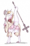 anthro axe blonde_hair blush clothed clothing dress dual_wielding fantasy_axe fantasy_weapon female furgonomics garter_straps hair holding_object holding_weapon hornstaff legwear long_neck looking_at_viewer looking_back low-angle_view mane melee_weapon prehensile_tail rear_view scales simple_background solo stockings tail thigh_highs upskirt weapon white_background white_body white_scales etheross third-party_edit mythology dragon lizard mythological_creature mythological_scalie reptile scalie