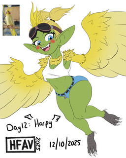 avian_feet blonde_hair blue_bottomwear blue_clothing blue_eyes blue_shorts blush bottomwear breasts clothed clothing eyelashes eyewear eyewear_on_head feathered_wings feathers female front_view goggles goggles_on_head green_body green_skin hair humanoid_pointy_ears looking_at_viewer navel open_mouth open_smile pigtails pointy_ears shorts simple_background small_breasts smile solo text thick_thighs topwear white_background white_clothing white_topwear wide_hips winged_arms wings yellow_body yellow_feathers h-fav european_mythology gobtober greek_mythology mythology avian goblin harpy humanoid hybrid mythological_avian mythological_creature 2025 4:5 absurd_res hi_res