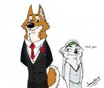 angry anthro black_tie_(suit) clothed clothing dress duo male male/male necktie size_difference suit veil wedding wedding_dress jman0525 disney zootopia fan_character nate_(foxboots) trevir arctic_fox canid canine canis domestic_dog fox husky mammal nordic_sled_dog spitz true_fox hi_res