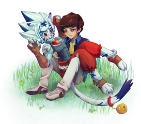 3_toes abs anklet anthro athletic bell blue_clothing blue_markings blue_shirt blue_stripes blue_topwear bottomwear bridal_carry brown_clothing brown_eyebrows brown_footwear brown_hair carrying_another claws clothed clothing collared_shirt duo eyebrows feet footwear fully_clothed fur grass grey_claws hair hand_on_hip happy hug human_on_anthro interspecies jewelry light_body light_skin looking_at_another looking_at_partner male male/male male_on_anthro male_on_human markings multicolored_clothing multicolored_footwear muscular pants plant purple_eyes red_bottomwear red_clothing red_eyes romantic romantic_couple sandals seductive shirt shoelaces shoes smile stripes tail tail_markings teeth toes topwear white_body white_bottomwear white_clothing white_footwear white_fur white_pants white_shoes white_tail year young kisuette onmyou_taisenki kogenta_(onmyou_taisenki) riku_tachibana deity felid human mammal pantherine tiger 2018 hi_res signature